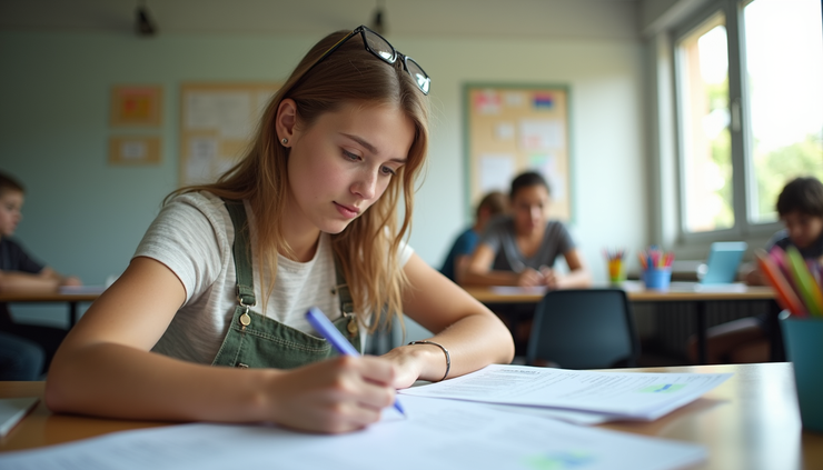 Eye-level view of camp counselor reviewing application forms in a bright office